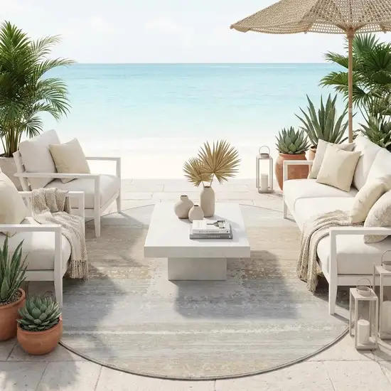 8' Silver And Gray Round Geometric Washable Indoor Outdoor Area Rug Photo 1