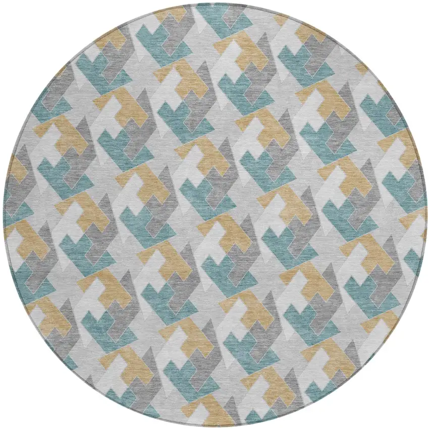 8' Silver And Gray Round Geometric Washable Indoor Outdoor Area Rug Photo 2