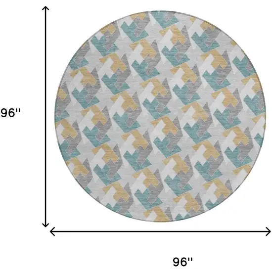 8' Silver And Gray Round Geometric Washable Indoor Outdoor Area Rug Photo 5