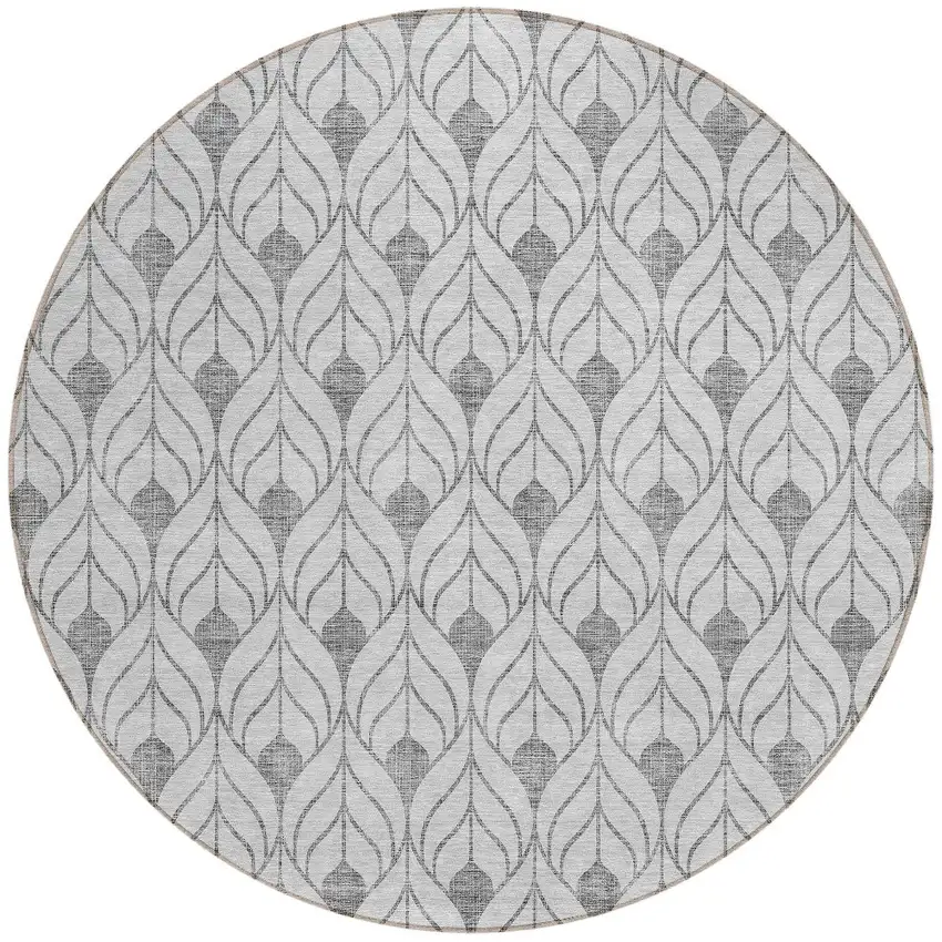 8' Silver And Gray Round Geometric Washable Indoor Outdoor Area Rug Photo 5