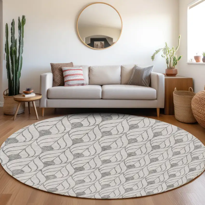 8' Silver And Gray Round Geometric Washable Indoor Outdoor Area Rug Photo 7