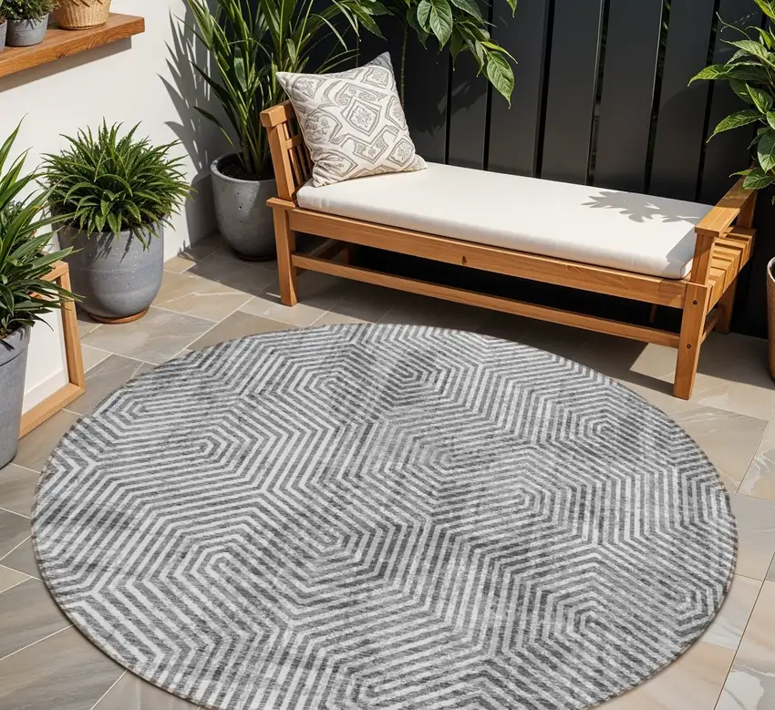 8' Silver And Gray Round Geometric Washable Indoor Outdoor Area Rug Photo 1