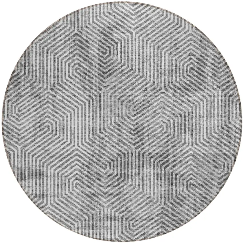 8' Silver And Gray Round Geometric Washable Indoor Outdoor Area Rug Photo 2