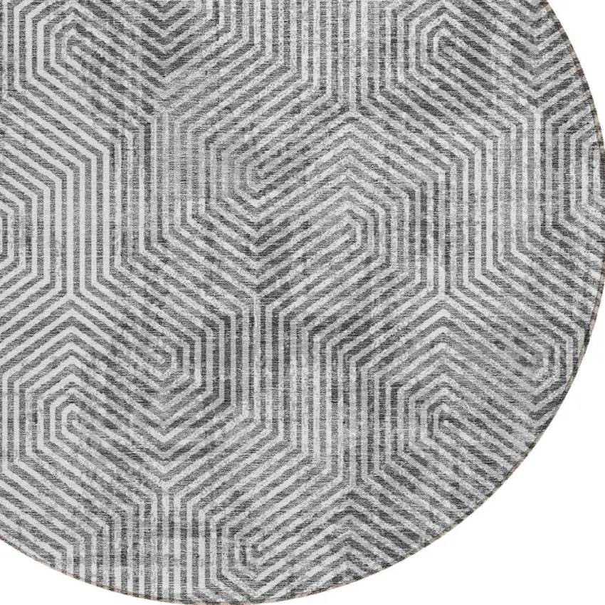 8' Silver And Gray Round Geometric Washable Indoor Outdoor Area Rug Photo 4