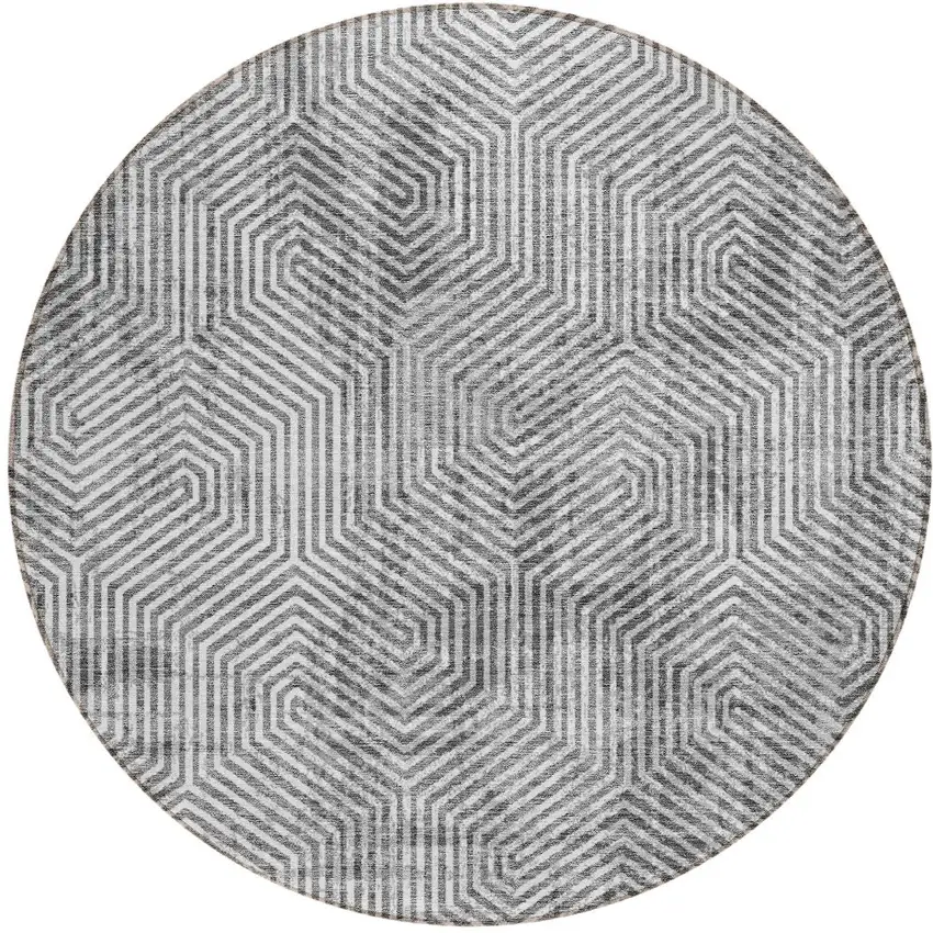 8' Silver And Gray Round Geometric Washable Indoor Outdoor Area Rug Photo 5