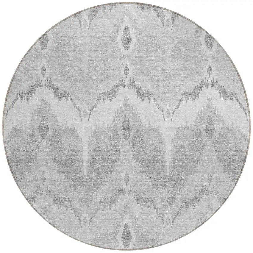 8' Silver And Gray Round Ikat Washable Indoor Outdoor Area Rug Photo 6