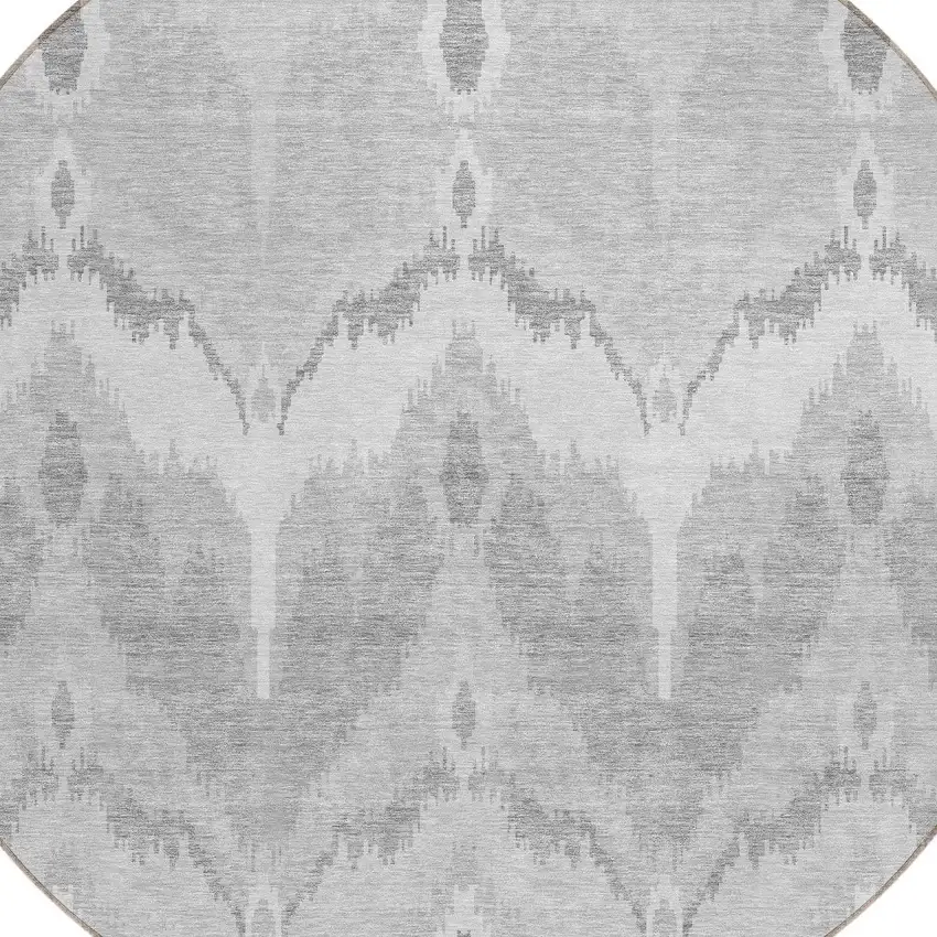 8' Silver And Gray Round Ikat Washable Indoor Outdoor Area Rug Photo 5