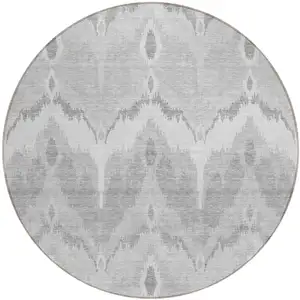 Photo of 8' Silver And Gray Round Ikat Washable Indoor Outdoor Area Rug