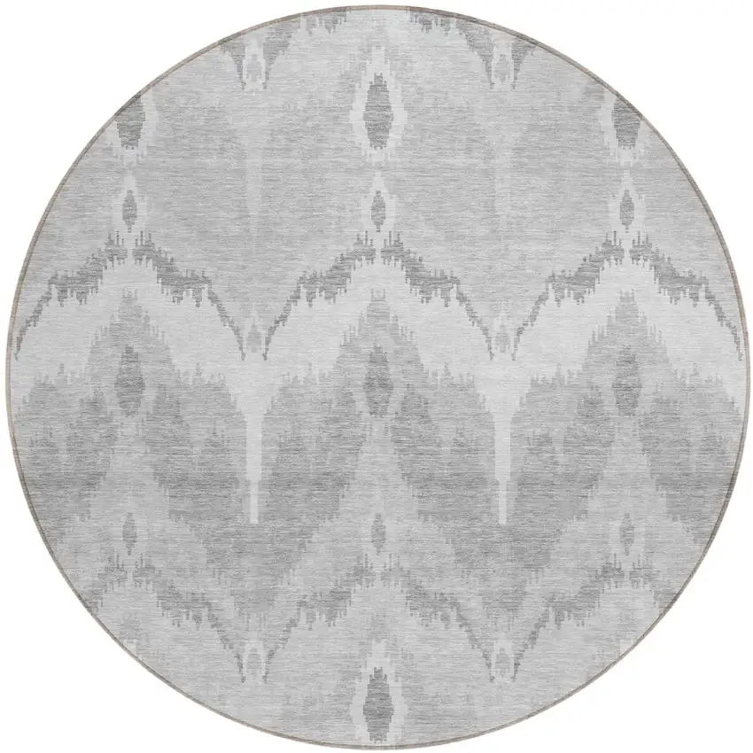 8' Silver And Gray Round Ikat Washable Indoor Outdoor Area Rug Photo 1