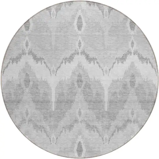 8' Silver And Gray Round Ikat Washable Indoor Outdoor Area Rug Photo 1