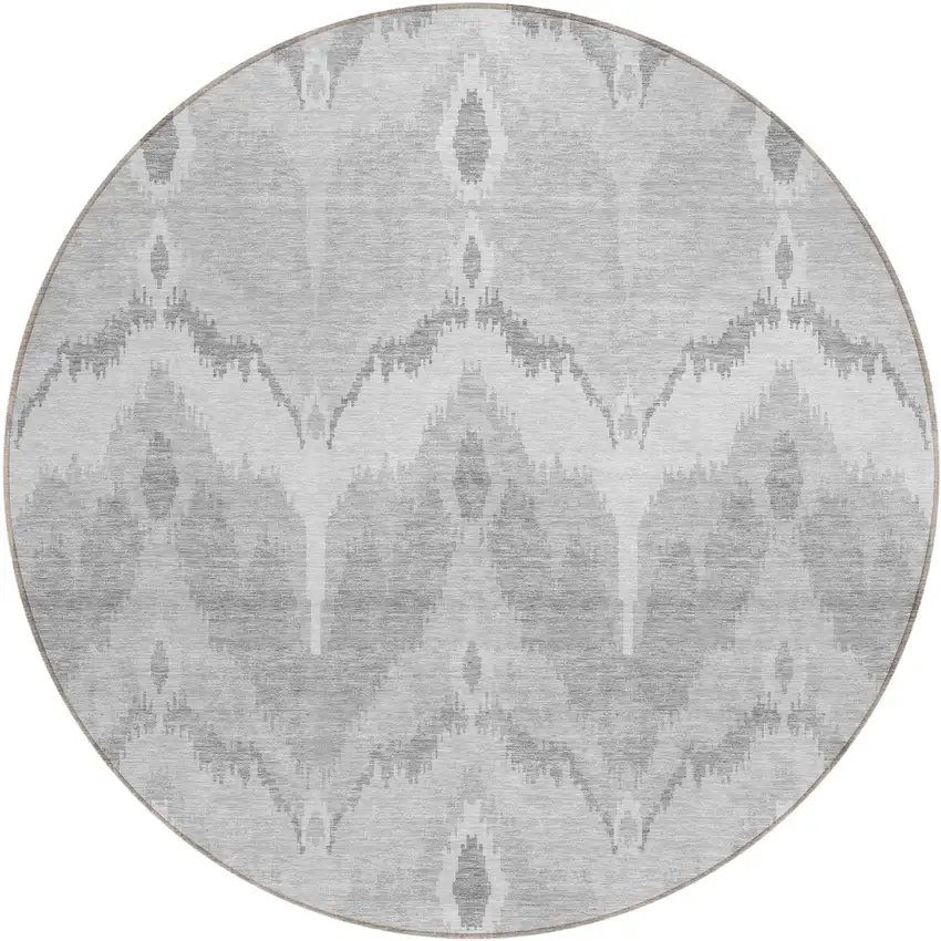 8' Silver And Gray Round Ikat Washable Indoor Outdoor Area Rug Photo 1
