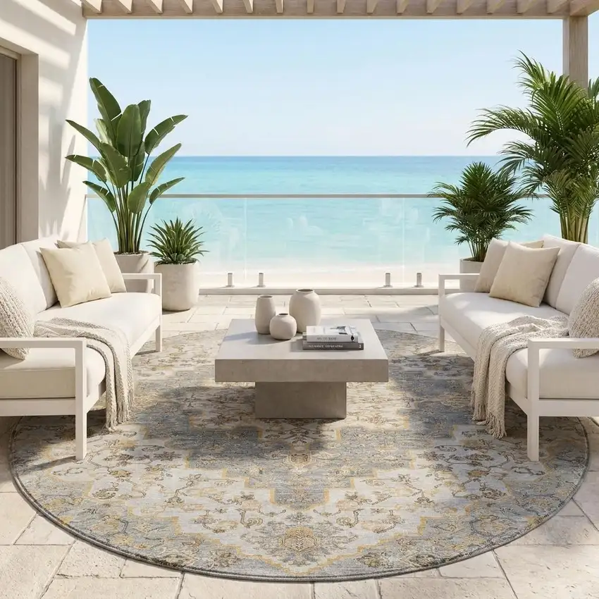 8' Silver And Gray Round Medallion Washable Indoor Outdoor Area Rug Photo 1