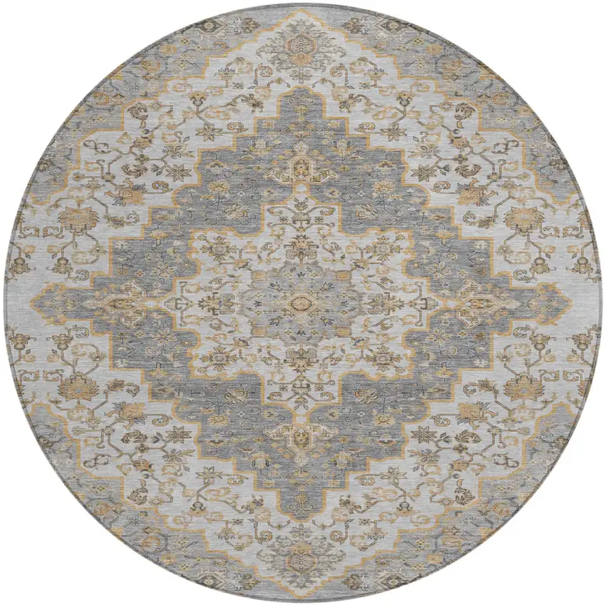 8' Silver And Gray Round Medallion Washable Indoor Outdoor Area Rug Photo 2