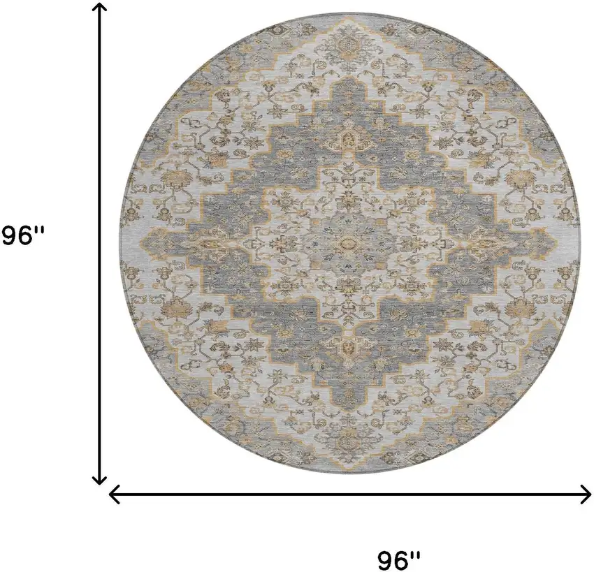 8' Silver And Gray Round Medallion Washable Indoor Outdoor Area Rug Photo 7