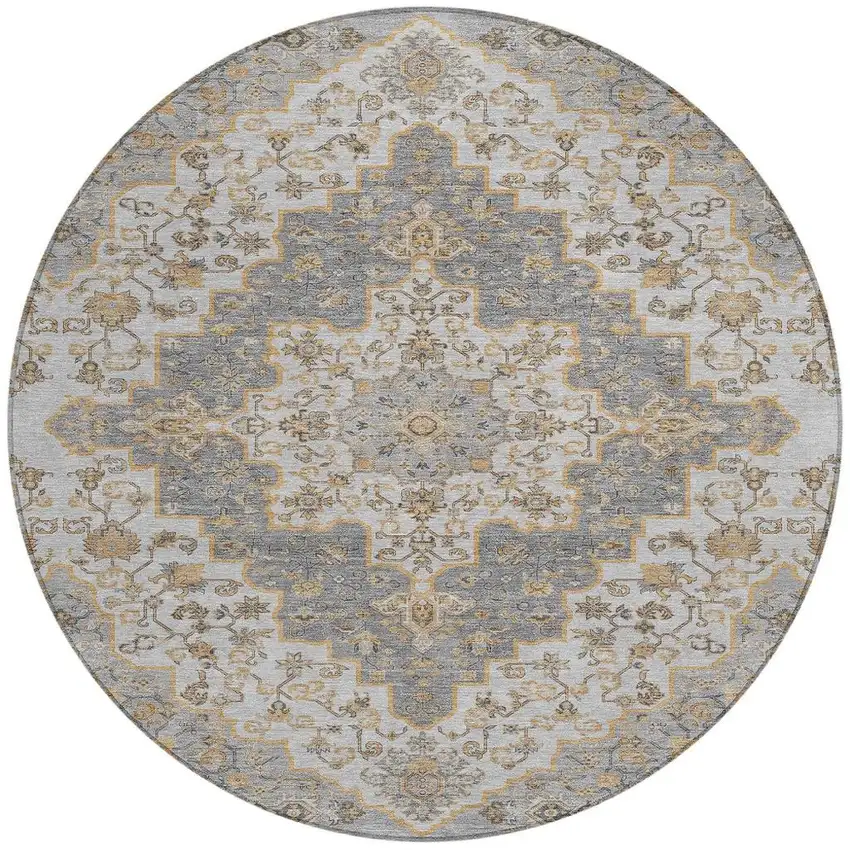 8' Silver And Gray Round Medallion Washable Indoor Outdoor Area Rug Photo 4