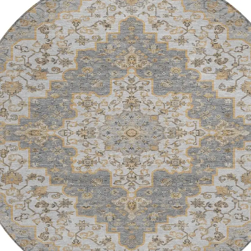 8' Silver And Gray Round Medallion Washable Indoor Outdoor Area Rug Photo 3