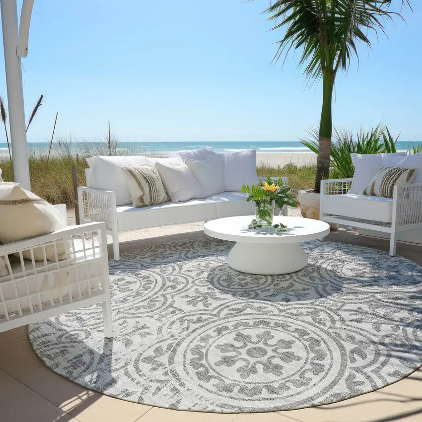 8' Silver And Gray Round Medallion Washable Indoor Outdoor Area Rug Photo 6