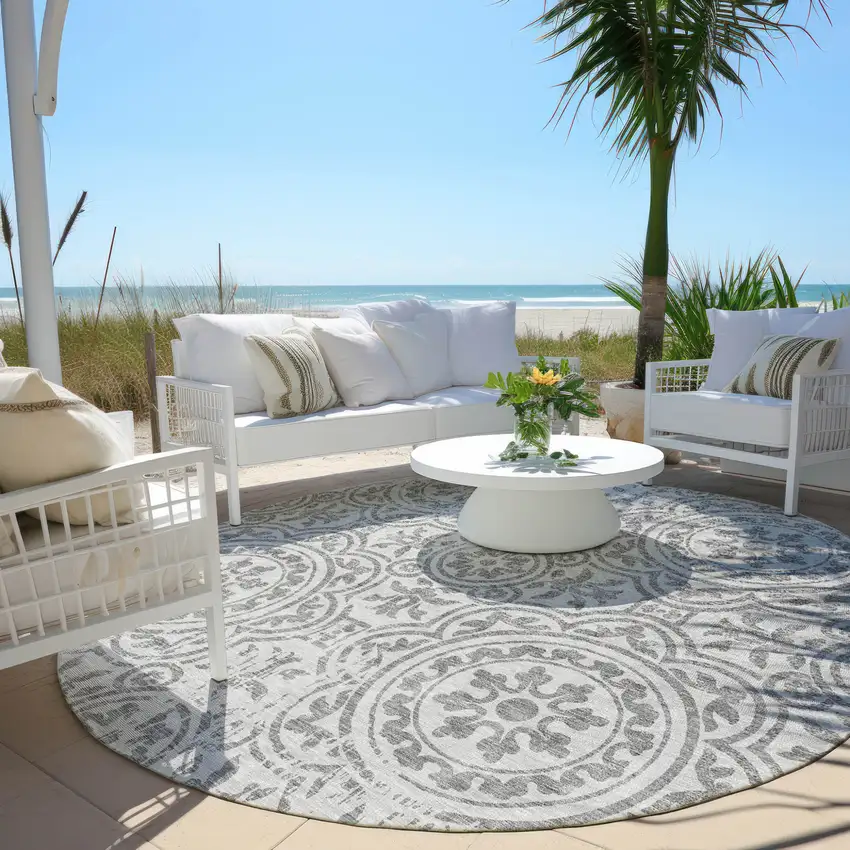 8' Silver And Gray Round Medallion Washable Indoor Outdoor Area Rug Photo 6
