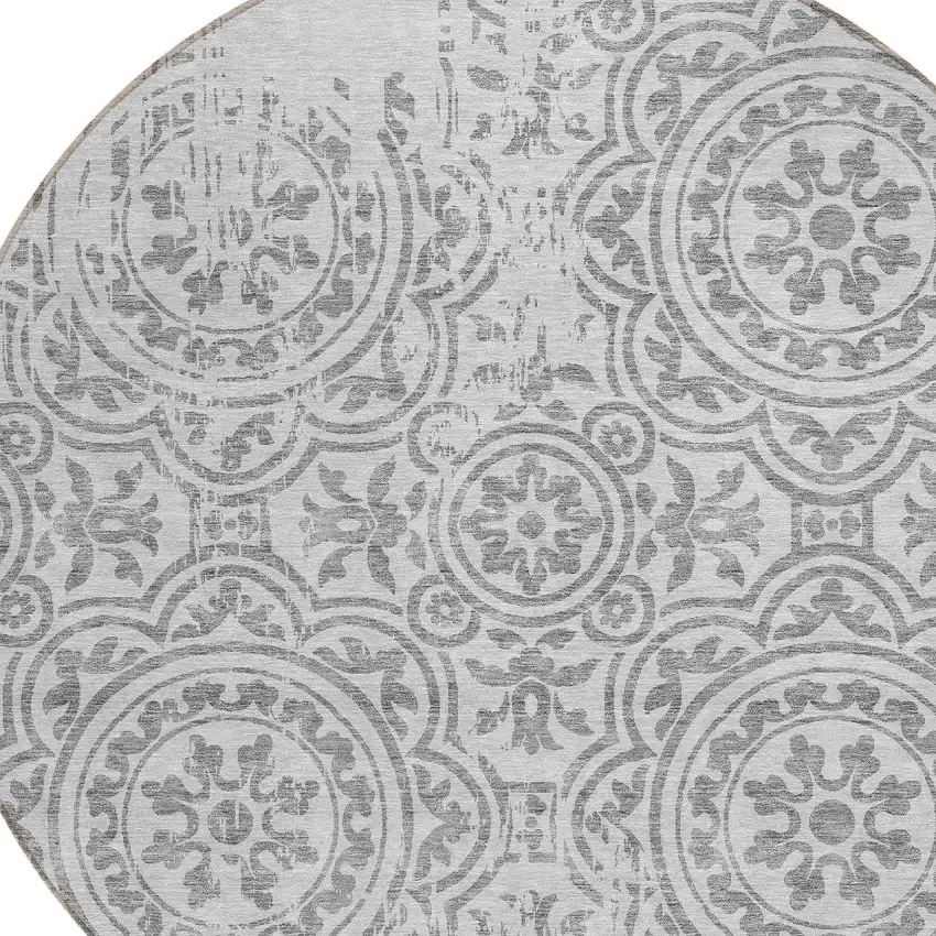 8' Silver And Gray Round Medallion Washable Indoor Outdoor Area Rug Photo 4