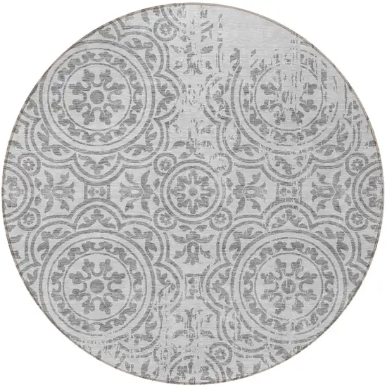 8' Silver And Gray Round Medallion Washable Indoor Outdoor Area Rug Photo 5