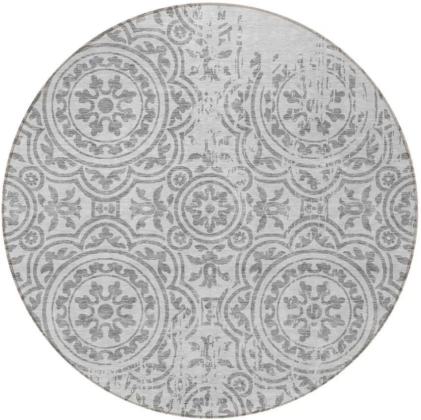 8' Silver And Gray Round Medallion Washable Indoor Outdoor Area Rug Photo 5