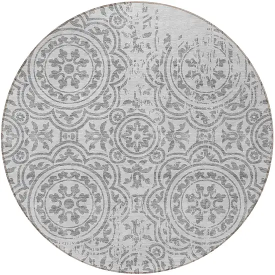 8' Silver And Gray Round Medallion Washable Indoor Outdoor Area Rug Photo 5
