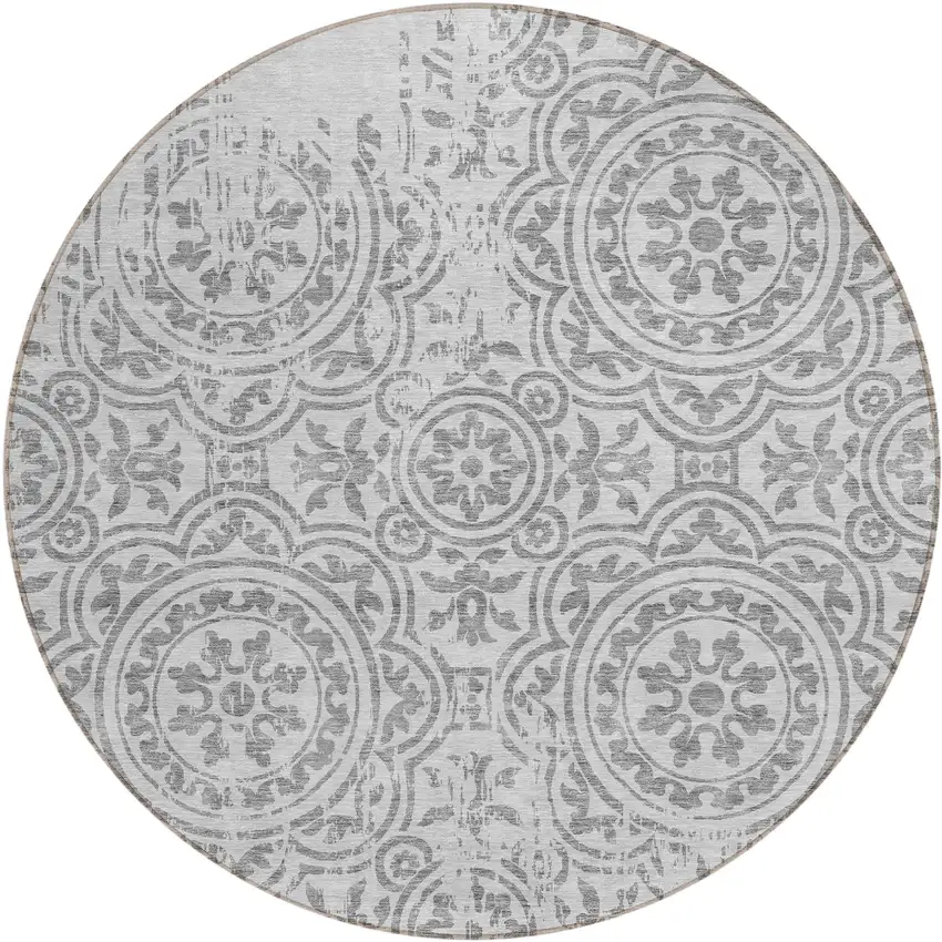 8' Silver And Gray Round Medallion Washable Indoor Outdoor Area Rug Photo 1