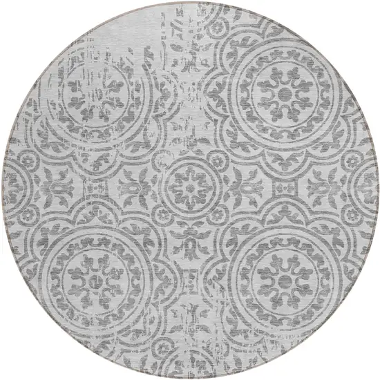 8' Silver And Gray Round Medallion Washable Indoor Outdoor Area Rug Photo 1