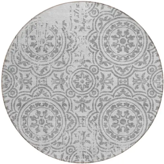 8' Silver And Gray Round Medallion Washable Indoor Outdoor Area Rug Photo 1
