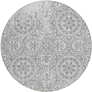 Photo of 8' Silver And Gray Round Medallion Washable Indoor Outdoor Area Rug