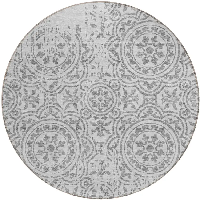 8' Silver And Gray Round Medallion Washable Indoor Outdoor Area Rug Photo 1