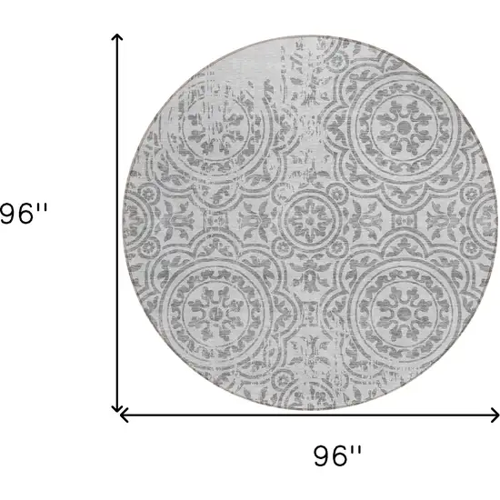 8' Silver And Gray Round Medallion Washable Indoor Outdoor Area Rug Photo 8