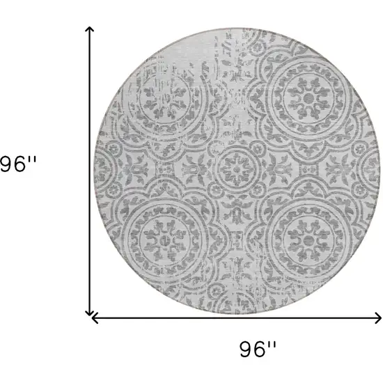 8' Silver And Gray Round Medallion Washable Indoor Outdoor Area Rug Photo 8