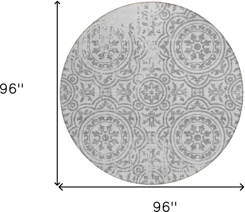 8' Silver And Gray Round Medallion Washable Indoor Outdoor Area Rug Photo 8