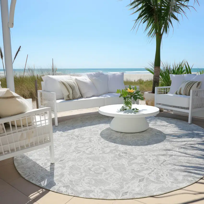 8' Silver And Gray Round Medallion Washable Indoor Outdoor Area Rug Photo 6