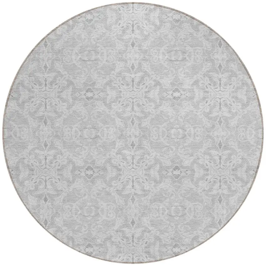 8' Silver And Gray Round Medallion Washable Indoor Outdoor Area Rug Photo 5