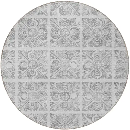 8' Silver And Gray Round Medallion Washable Indoor Outdoor Area Rug Photo 4