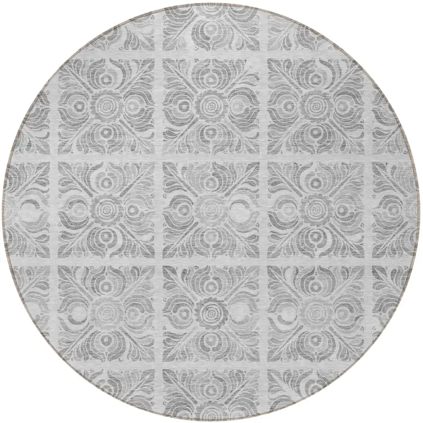 8' Silver And Gray Round Medallion Washable Indoor Outdoor Area Rug Photo 4