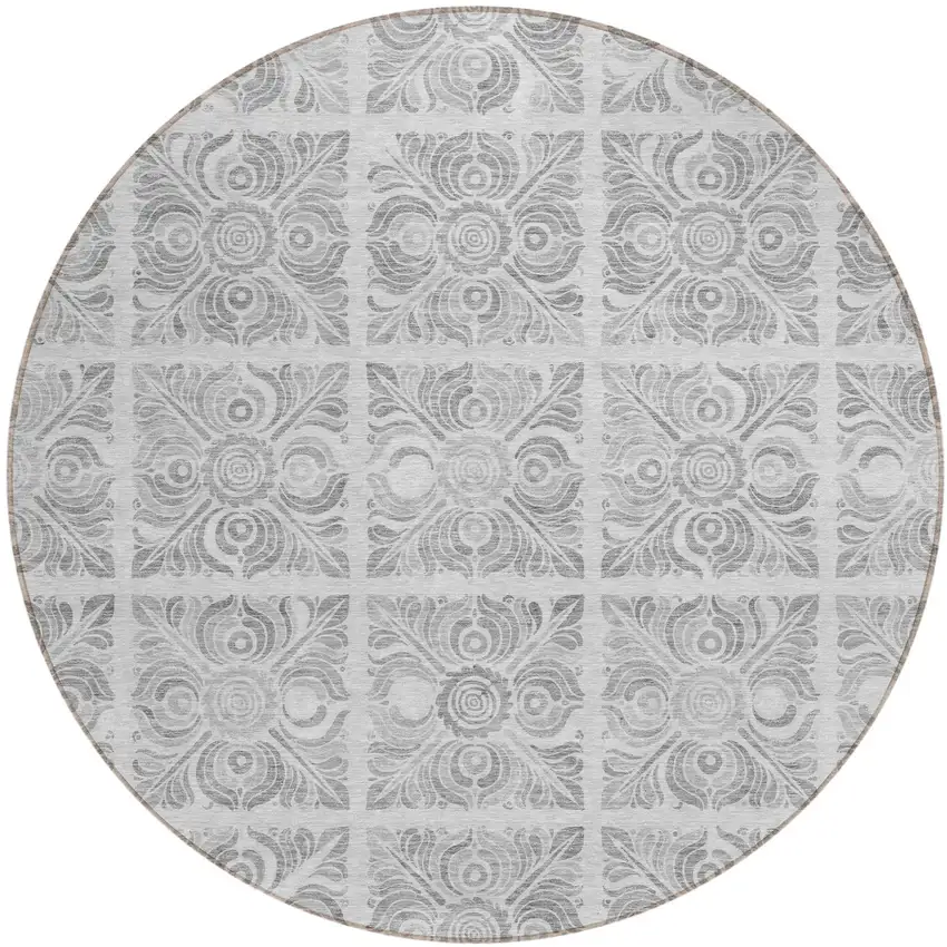 8' Silver And Gray Round Medallion Washable Indoor Outdoor Area Rug Photo 2