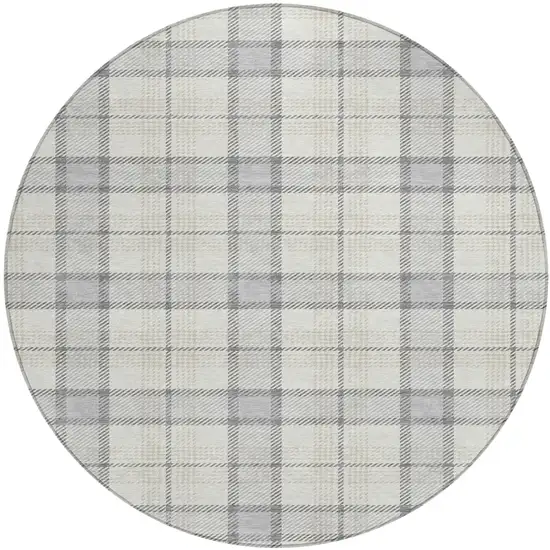 8' Silver And Gray Round Plaid Washable Indoor Outdoor Area Rug Photo 2
