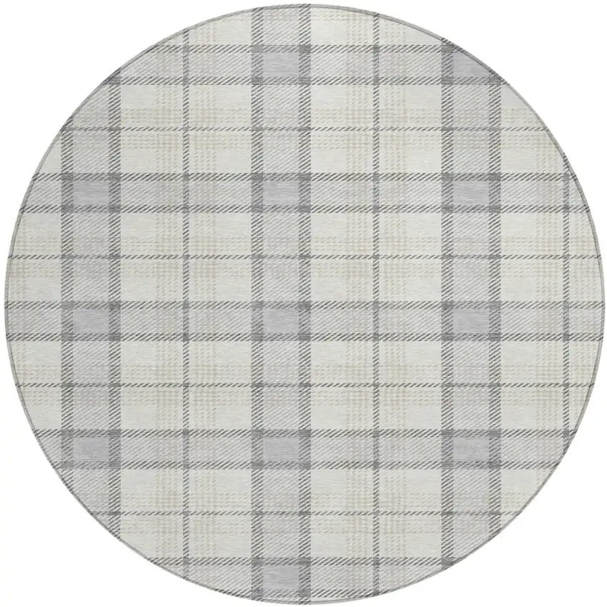 8' Silver And Gray Round Plaid Washable Indoor Outdoor Area Rug Photo 2
