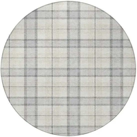 8' Silver And Gray Round Plaid Washable Indoor Outdoor Area Rug Photo 5