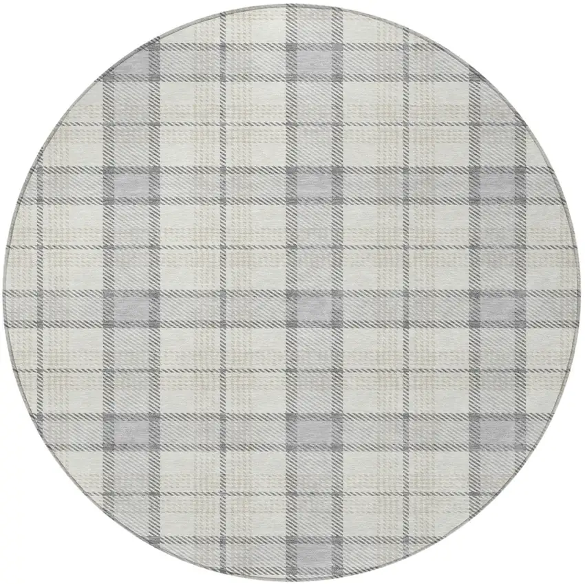 8' Silver And Gray Round Plaid Washable Indoor Outdoor Area Rug Photo 5