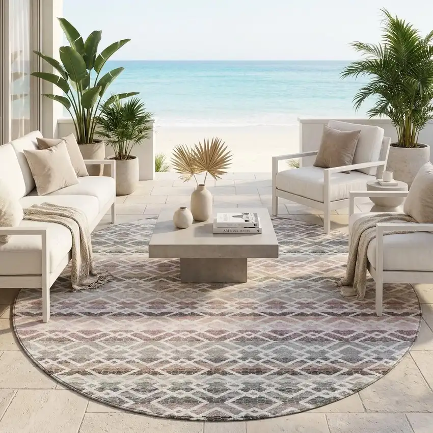 8' Silver And Gray Round Striped Washable Indoor Outdoor Area Rug Photo 1
