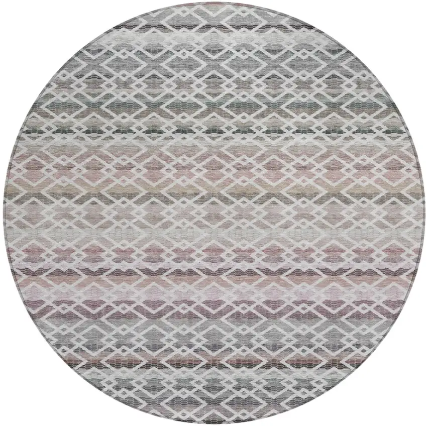 8' Silver And Gray Round Striped Washable Indoor Outdoor Area Rug Photo 2