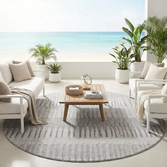 8' Silver And Gray Round Striped Washable Indoor Outdoor Area Rug Photo 1