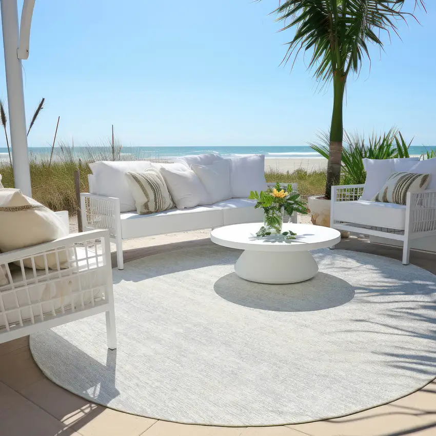8' Silver And Gray Round Striped Washable Indoor Outdoor Area Rug Photo 6