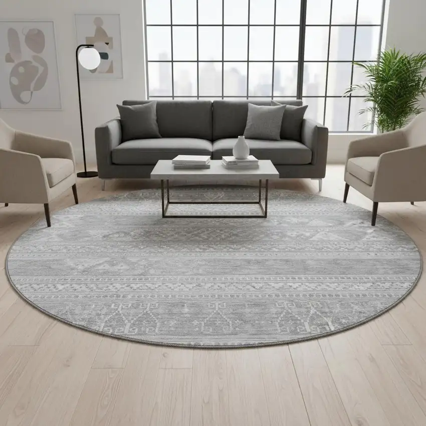 8' Silver And Gray Southwestern Washable Round Rug With UV Protection Photo 2