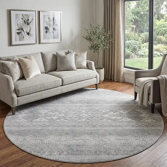 8' Silver And Gray Southwestern Washable Round Rug With UV Protection Photo 1