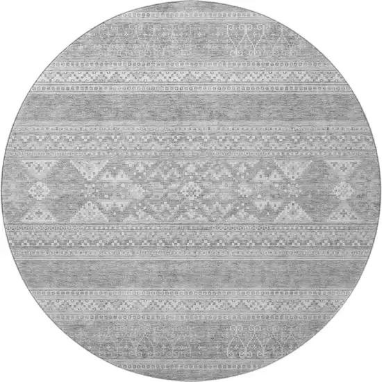 8' Silver And Gray Southwestern Washable Round Rug With UV Protection Photo 4